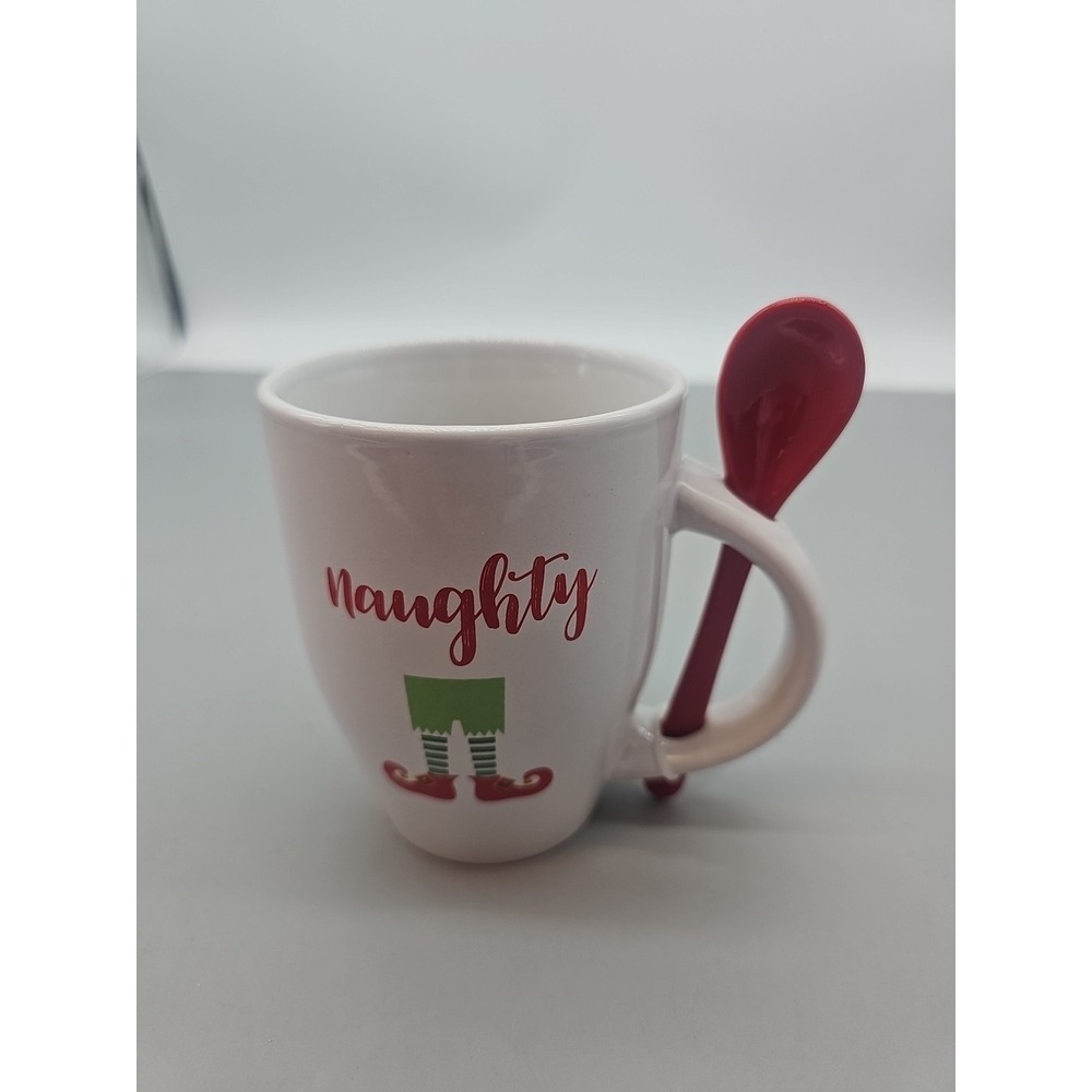 One Naughty & Nice Fun Holiday‎ Mug set W Red Spoon 4" Dishwasher Safe